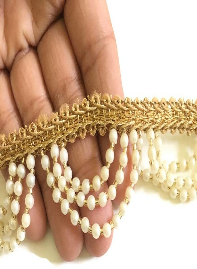 DaSync Offwhite Pearl Cream Colour Tassel Latkan Hanging,Fringe Golden Beads Jhallar Laces And Border Material Zhallar Dresses,Blouse,Dupatta,Sari,Choli,Chunni,Sarees,Lehenga,Suits,Curtains,9 Meters - Image 2